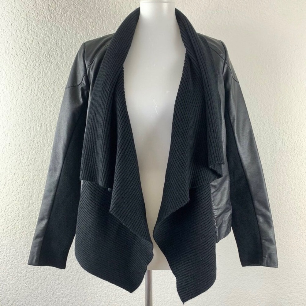 Caslon Ribbed Drape Open Front Faux Leather Jacket